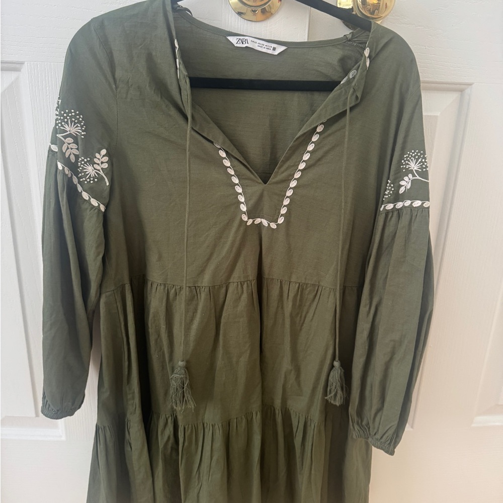 Zara Olive Dress with White Embroidery